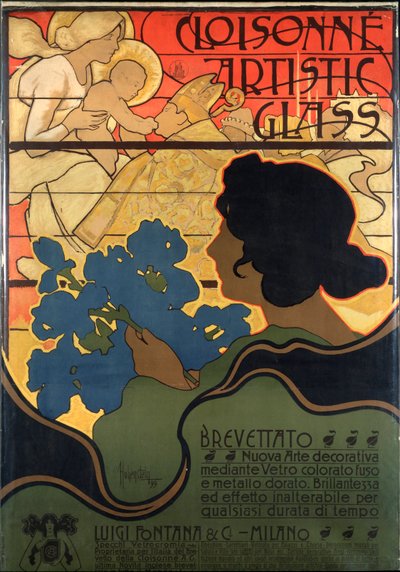 Werbeplakat für Cloisonné-Glas mit einer Krippenszene von Adolfo Hohenstein