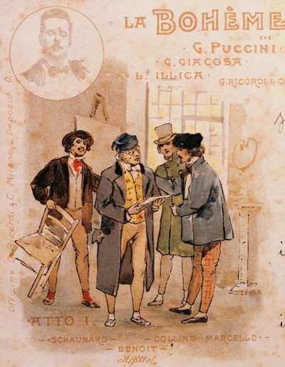 Postkarte von Adolf Hohenstein (1854-1928) zur ersten Aufführung von La Bohème von Adolfo Hohenstein