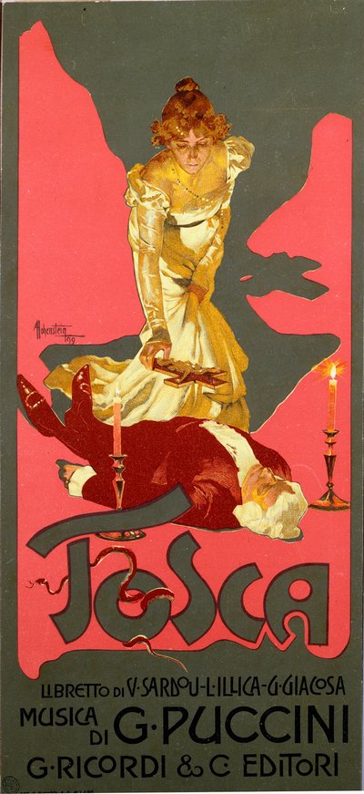 Plakat im Liberty-Stil für die Oper „La Tosca“ von Giacomo Puccini (1858-1924) von Adolfo Hohenstein