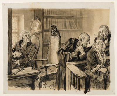 Adam spricht heimlich zu Eva. Licht hört zu. Der Gerichtsrat ruft Adam auf den Richterstuhl zurück. zu Heinrich von Kleist, Der zerbrochene Krug von Adolph Menzel
