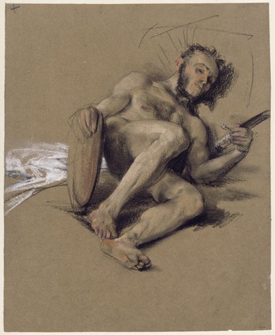 Aktstudie, bärtiger Mann am Boden auf der linken Seite ruhend mit Schwert und Schild in den Händen, Studie zur Adresse anlässlich der Volljährigkeit des Kronprinzen 1850 von Adolph Menzel
