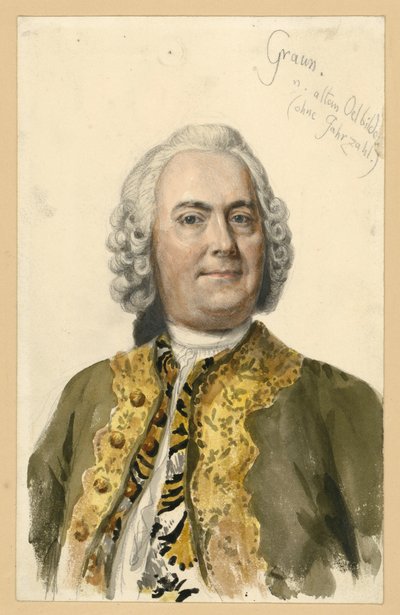 Porträt Carl Heinrich Graun, Hofkomponist unter Friedrich II., Brustbild en face nach dem Gemälde von Andreas Möller, mit Notizen von Adolph Menzel