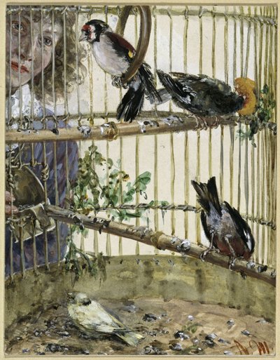 Die Distelfinken und der Kanarienvogel im Bauer. Aus dem "Kinderalbum" von Adolph Menzel