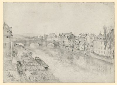 Die Fulda in Kassel. Flusslandschaft mit Brücke und Häusern von Adolph Menzel