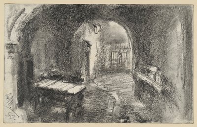 Dunkler gewölbter Durchgang, vorn ein Handwagen von Adolph Menzel