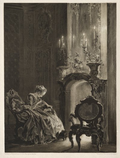 Essay über Stein mit Pinsel und Schaber: Frau liest am Kamin, 1851 von Adolph Menzel