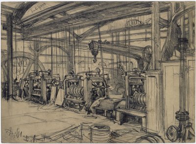 Halle im Walzwerk Königshütte. Studie zum "Eisenwalzwerk. Moderne Zyklopen" von Adolph Menzel