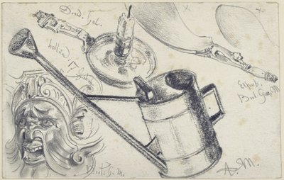 Kerzenleuchter aus der Galerie in Dresden, Gerät aus Elfenbein (Schuhlöffel) und Maske aus dem Kunstgewerbemuseum Berlin sowie Gießkanne von Adolph Menzel
