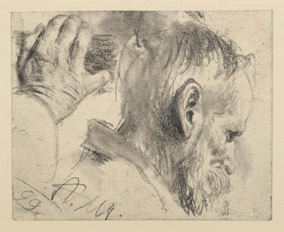 Kopf eines bärtigen Mannes, etwas gesenkt, nach rechts und rechte Hand von Adolph Menzel