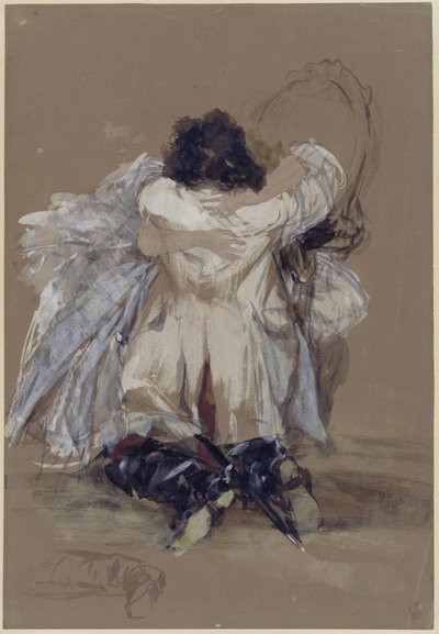 Liebespaar, der Herr in preußischer Offiziersuniform ist vor der im Sessel sitzenden Dame auf die Knie gesunken, sie umarmen sich von Adolph Menzel