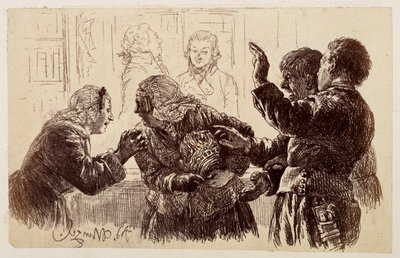 Marthe mit den Krugscherben im Arm, steht zwischen Veit und Ruprecht und Eve fleht die Mutter an, von der Klage abzusehen, zu Heinrich von Kleist "Der zerbrochene Krug" von Adolph Menzel