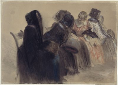 Musikalische Soirée, sechs Damen in einer Reihe nach rechts auf Stühlen sitzend, teils im Gespräch von Adolph Menzel