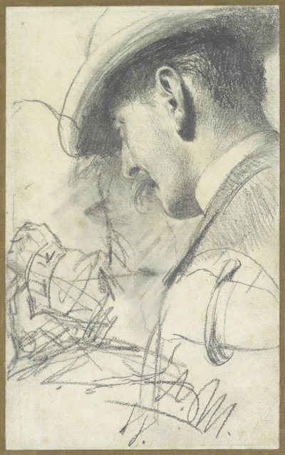 Skizzenblatt mit einem Herrn mit Schnurrbart und Hut, schräg von hinten gesehen, sowie einige Details von Adolph Menzel