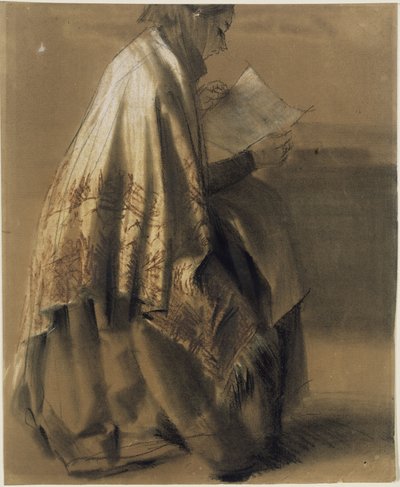 Sitzende, lesende Frau im weiten Umschlagtuch von Adolph Menzel