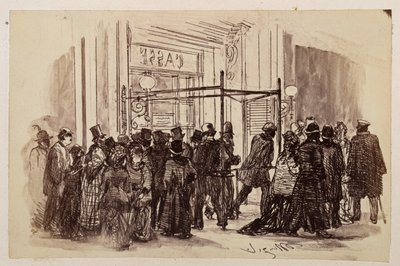 Theaterkasse, die Käufer schieben sich von rechts an die erleuchtete Kasse und entfernen sich nach links, zu Heinrich von Kleist "Der zerbrochene Krug" von Adolph Menzel