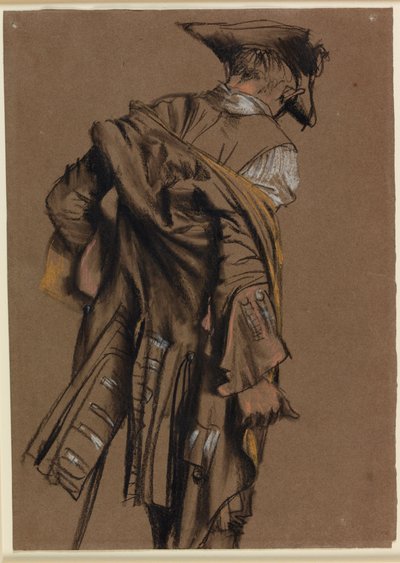 Modell des Künstlers, von hinten gesehen, zieht eine Uniform des 18. Jahrhunderts an von Adolph Menzel