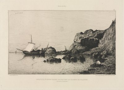 Fischerboot macht einen Hafenstopp an den Felsen von Collioure von Adolphe Appian