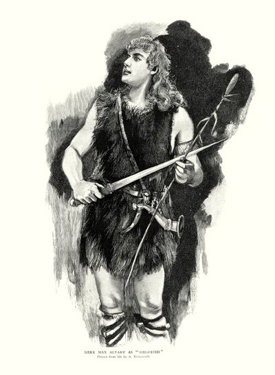 Deutscher Tenor Max Alvary als Siegfried in Richard Wagners Oper Die Walküre im Royal Opera House, Covent Garden, London (Lithografie) von Adolphe Birkenruth