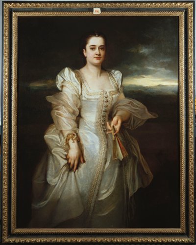 Porträt einer Dame in einem weißen Kleid mit Perlen bestickt von Adolphe Joseph Thomas Monticelli
