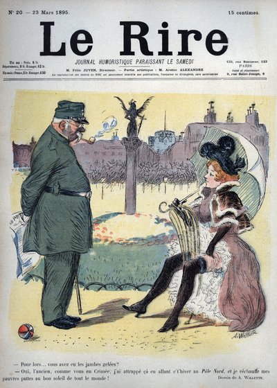 Ein Soldat und eine Prostituierte im Garten - warum hast du kalte Beine bekommen? - Ja, alter Mann, wie du in der Krim, habe ich mich auf dem Weg diesen Winter zum Nordpol erkältet, und ich wärme meine armen Beine in der guten Sonne für alle! - Zeichnung v von Adolphe Leon Willette
