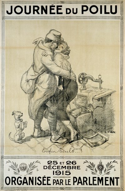Erster Weltkrieg: Plakat zu Ehren der Soldaten, das die Wiedervereinigung eines Paares für den Tag des Haarigen am 25. und 26. Dezember darstellt von Adolphe Leon Willette