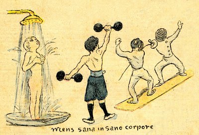 Hygiene und Sport. „Mens sana in sano corpore“. Zeichnung von A. Wilette im illustrierten Supplement zur Depeche de Toulouse Nr. 41, 12. Oktober von Adolphe Leon Willette