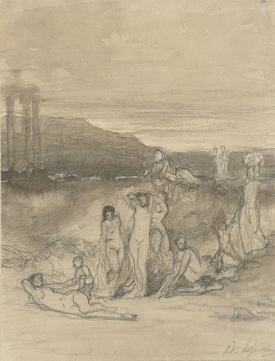 Klassische Landschaft mit liegenden, stehenden und sitzenden nackten Figuren und einer Tempelruine von Adolphe René Lefèvre
