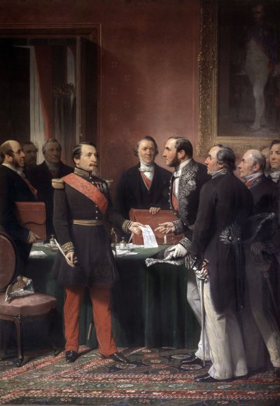 Der französische Kaiser Napoleon III. übergibt Baron Haussmann das Dekret zur Annexion der Vororte von Paris im Juni 1859 von Adolphe Yvon