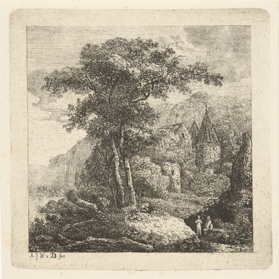 Berglandschaft mit Bäumen, Schloss und zwei Figuren von Adriaan Jacob Willem van Dielen