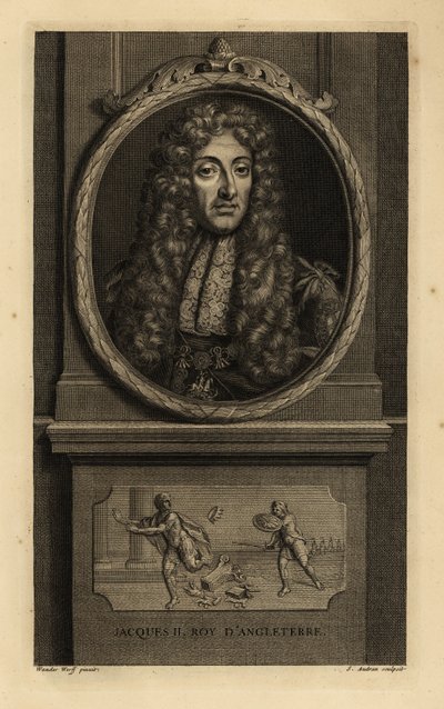 König James II. von England, James VII. von Schottland, Jacques II Roy d’Angleterre. Mit Perücke, Spitzenhalstuch, Kette mit Figur von St. Georg und dem Drachen. Vignette zeigt einen römischen Kaiser, der seine Krone an einen Soldaten verliert. Kupferstich von Adriaan van der (after) Werff
