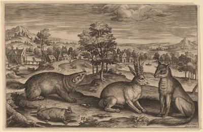 Ein Maulwurf, ein Dachs, ein gehörnter Hase und ein Fuchs von Adriaen Collaert
