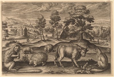 Ein Affe, ein Stachelschwein, zwei Igel, ein Büffel und ein Fuchs von Adriaen Collaert