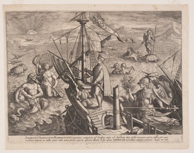 Amerigo Vespucci auf seinem Schiff, aus Americae Retectio (Die Entdeckung Amerikas) von Adriaen Collaert