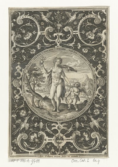 Medaillon mit Venus und Amor in Umrahmung von Grotesken mit Blumen, Girlanden, Tieren und Maskarons von Adriaen Collaert