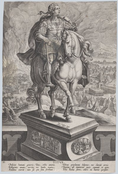 Tafel 11: Reiterstatue des Titus, dreiviertel rechts gesehen, Vesuv..., ca. 1587-89 von Adriaen Collaert