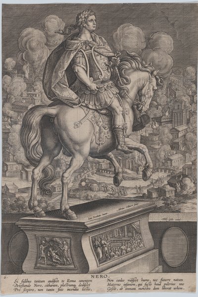 Tafel 6: Reiterstatue von Nero, von hinten gesehen, der Große Brand von Rom, ca. 1587-89 von Adriaen Collaert