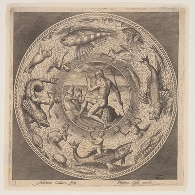 Poseidon, aus einer Serie von Entwürfen für Teller (Fonds de Coupe) von Adriaen Collaert