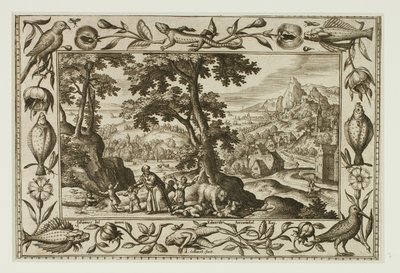 Die von Elija verfluchten und von der Bärin gefressenen spottenden Kinder, aus Landschaften mit alten und neuen Testamentsszenen und Jagdszenen von Adriaen Collaert