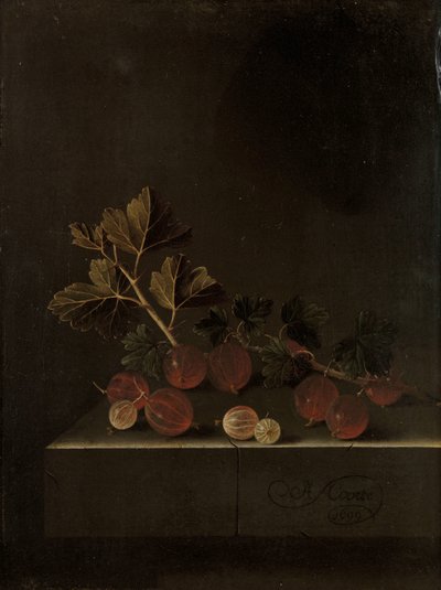 Ein Zweig Stachelbeeren auf einem Steinsockel von Adrian Coorte