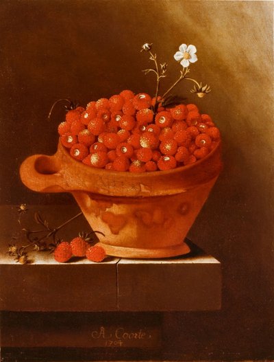 Irdene Schale mit Erdbeeren auf einem steinernen Sockel von Adrian Coorte