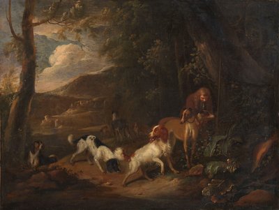 Jäger mit Hunden am Waldrand von Adriaen Cornelisz Beeldemaker