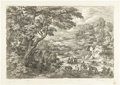 Landschaft mit Jägern auf dem Heimweg, in der Ferne ein Schloss (Landschappen met jagers) von Adriaen Frans Boudewyns