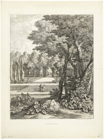 Landschaft mit Paar, sitzend auf einer Treppe im Garten von Adriaen Frans Boudewyns