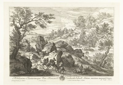 Landschaft mit Reitern bei Felsen (Landschaften mit Jägern) von Adriaen Frans Boudewyns