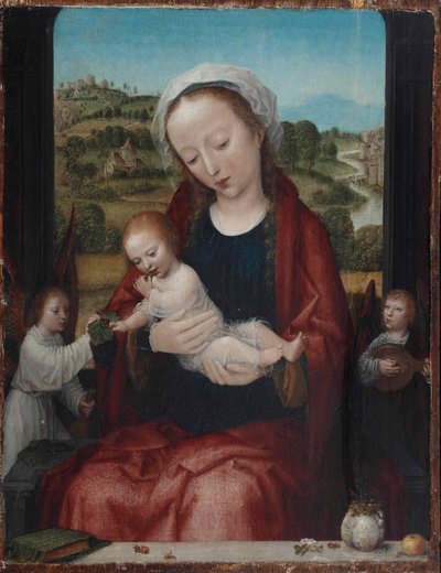 Die Jungfrau und das Kind auf dem Thron, von Engeln begleitet, vor einem offenen Fenster von Adriaen Isenbrandt