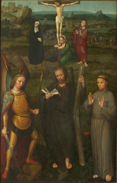Die Kreuzigung mit den Heiligen Michael dem Erzengel, Andreas und Franz von Assisi, um 1510 von Adriaen Isenbrant