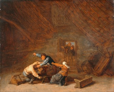 Innenraum einer Scheune mit zwei kämpfenden Bauern von Adriaen Jansz. van (attr. to) Ostade
