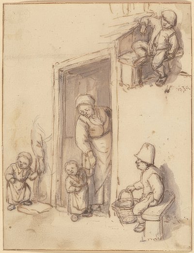 Studienblatt mit einer Mutter und ihrer Tochter in der Haustür, zwei sitzende Jungen von Adriaen Jansz. van Ostade