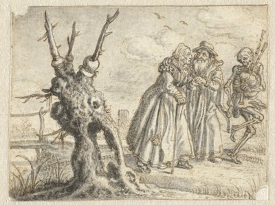 Älterer Mann und Frau folgen freiwillig dem Tod, der Dudelsack spielt von Adriaen Pietersz van de Venne