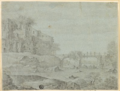 Ruinen mit Blick auf Fluss mit Brücke von Adriaen Pietersz. van de Venne